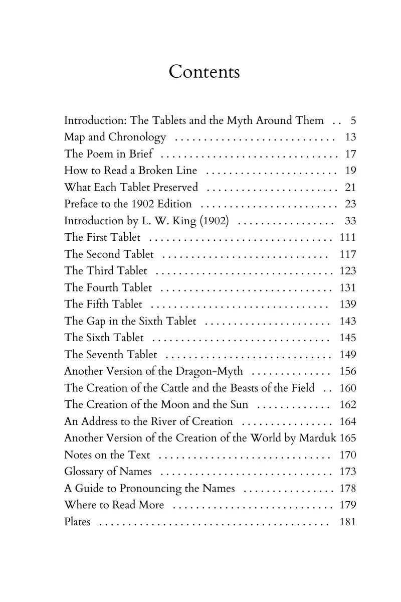 Table of contents page listing the introduction, seven tablets, five related texts, notes, glossary and plates.