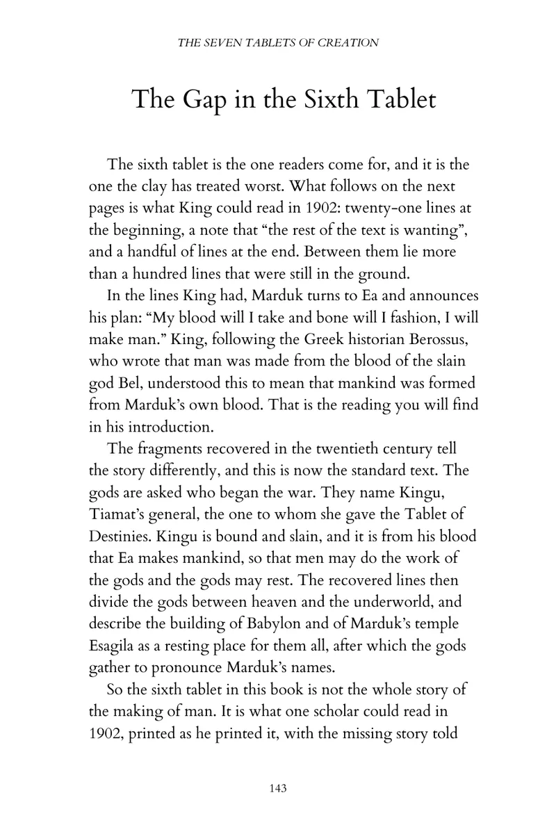 Page introducing the missing lines of Tablet VI, marking where King's 1902 text breaks off.