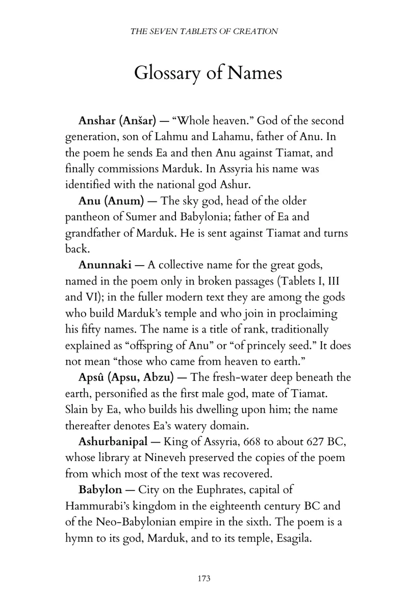 Glossary page defining Anunnaki, Anu, Ea, Marduk, Tiamat and other names from the tablets.
