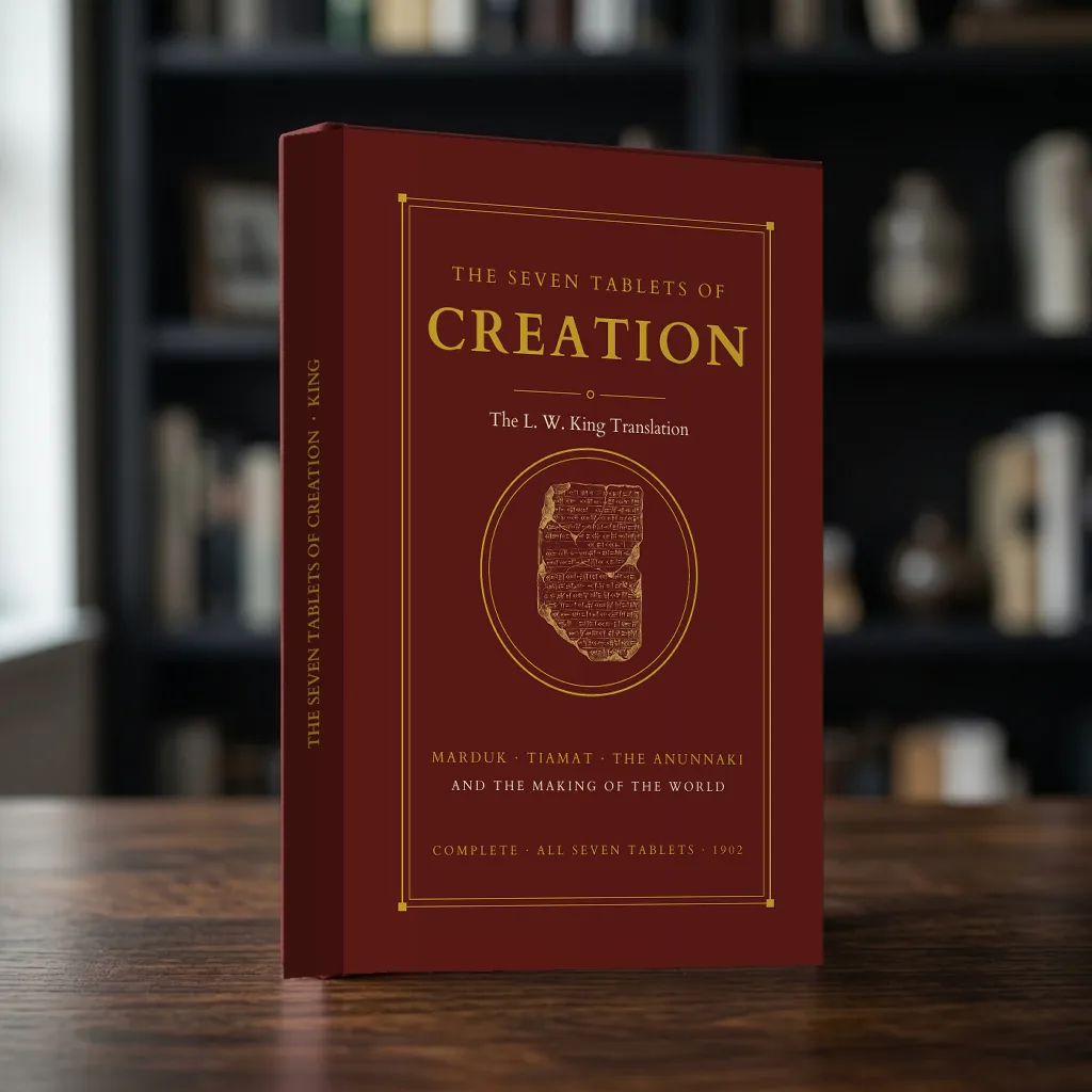 Hardcover copy of The Seven Tablets of Creation, Oxford red cover with gold-ink frame, standing upright.